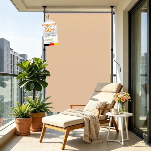 HOMEDEMO Senkrechtmarkise Außen, Vertikalmarkise ohne Bohren, Balkonrollo mit Einstellbare Handkurbel, Sichtschutz Sonnenschutz Windschutz, Garten, St