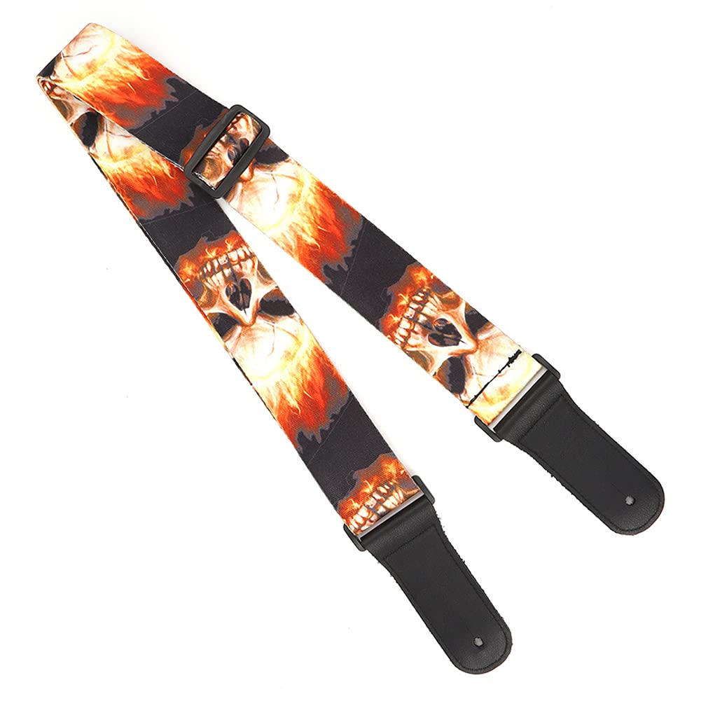 RiToEasysports Leather Guitar Strap,Flame‑Skull‑Pattern Adjustable Guitar Shoulder Strap for Electric Guitar Performance Accessory Musical Instrument Accessories