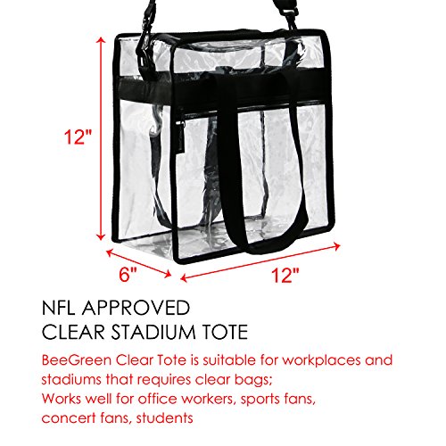 BeeGreen Stadium Clear Bags w Front Pocket and Adjustable Shoulder Carry Handles, NCAA NFL & PGA Security Approved Clear Purse & Gym Transparent Zippered Tote Bag