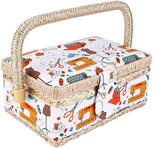 Sewing Box, Craft Fabric Basket Storage for Quilting Sewing Crafting Embroidery Knitting Crochet Tools with Multiple Compartments Lightweight Portable Organizer
