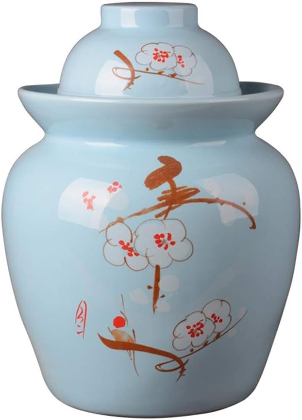 Grain container Food Jars Kimchi jar,double cover ceramic jar,pickled sauerkraut kimchi pickled egg jar,home pickled pepper jar,salted duck egg jar (Color : Blue, Size : 24.6 * 24.6 * 30cm)