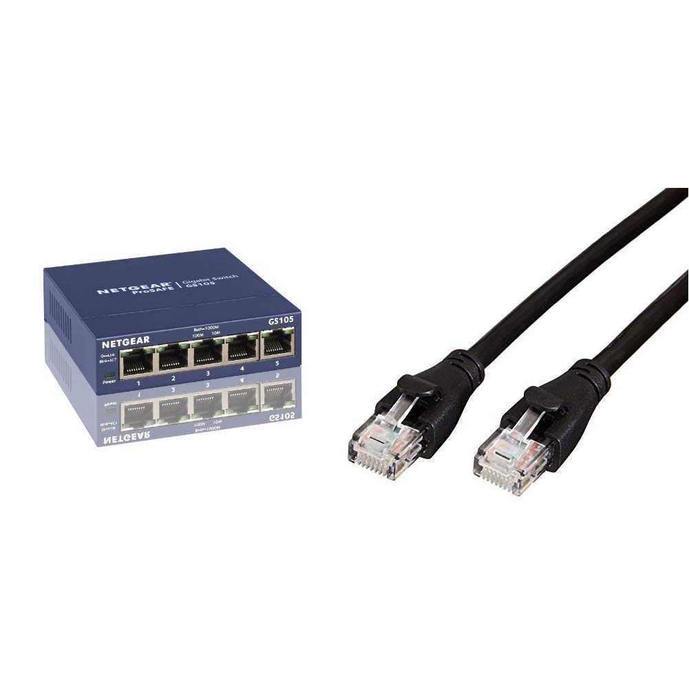 NETGEAR 5 Port Gigabit Network Switch GS105 | Ethernet Switch | Amazon Basics RJ45 CAT6 Gigabit Ethernet LAN Cable, Ideal for Home and Office Networks (0.9 m/3 Feet)