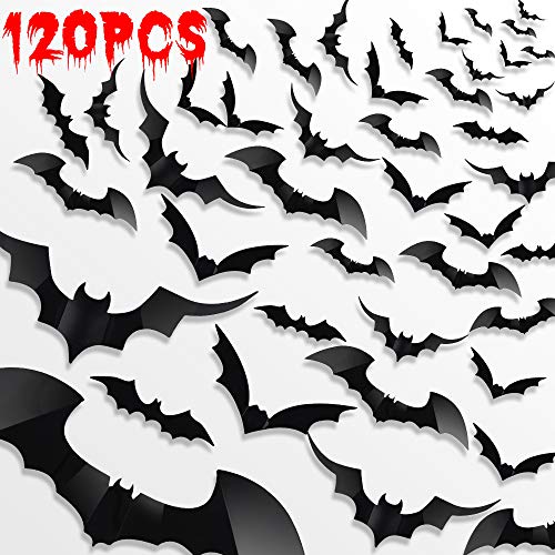 LUDILO 120pcs Halloween Bats Stickers Halloween Decals Halloween Wall Decorations Wall Stickers 3D Scary Bats Wall Decals for Indoor Windows Doors Walls Decor Halloween Party Supplies (Black)