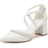 Block Heel Wedding Shoes for Bride Closed Toe Pearl Bridal Shoes Cross Strap Wedding Heels