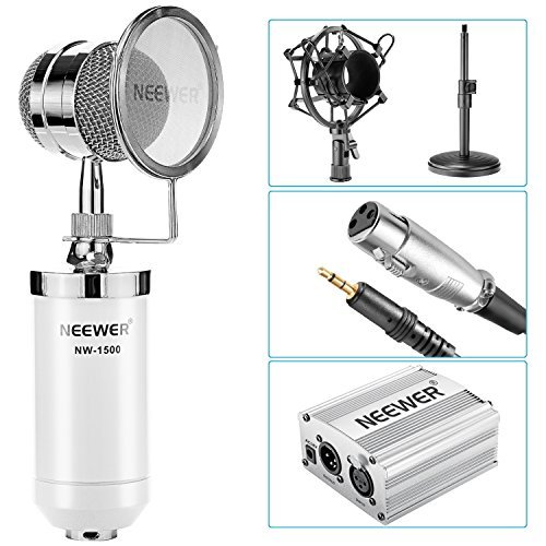 Neewer NW-1500 Desktop Condenser Microphone Kit: Mic (White), 48V Phantom Power Supply(Silver), 3.5mm Male to XLR Female Cable, Mic Stand, Shock Mount, Pop Filter for Broadcast and Sound Recording