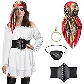 Fantspati Pirate Costume Women Outfit with Renaissance Pirate Shirt Skirt Corset Waist Belt Accessories Set for Halloween