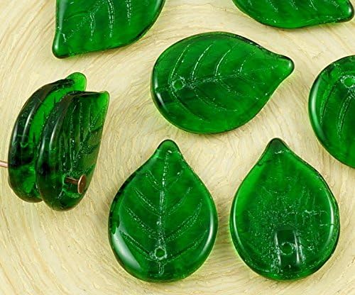 8pcs Crystal Emerald Green Large Flat Leaf Czech Glass Carved Beads 18mm x 13mm