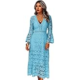 Women’s V Neck Long Flounce Sleeve Lace Maxi Dress with Elastic Waist – Elegant Bridal Shower, Evening & Special Occasion