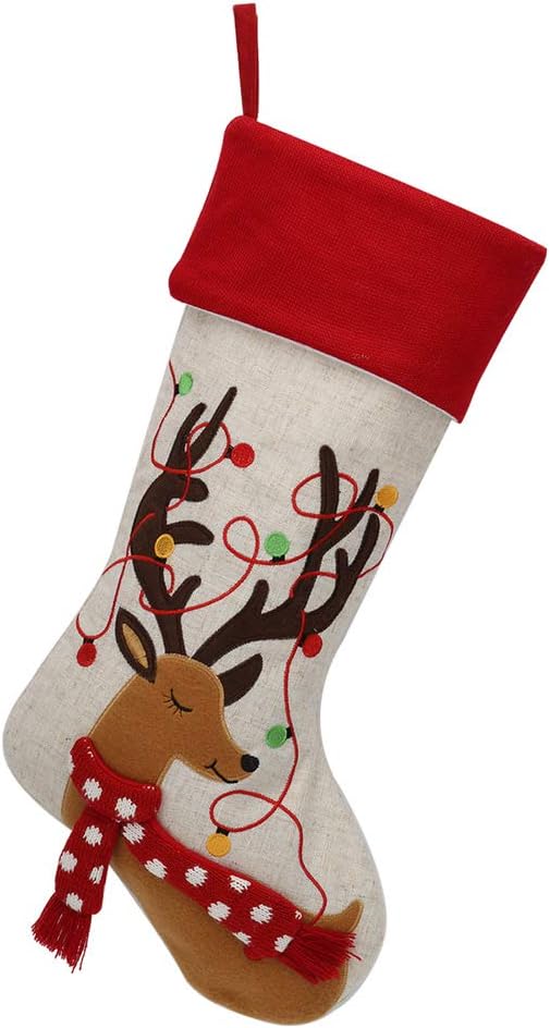 ExcMark 21 inch Christmas Stocking with Embroidery Reindeer in Red and Off-White Color
