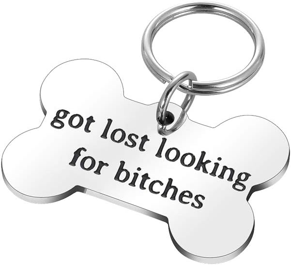 Dog Tags Engraved Pet ID Tag Keyring Got Lost Looking for Owner Funny Dog Bone Pendant Unique for Puppy Cat Kitten Collar Stainless Steel Stockinng Stuffers