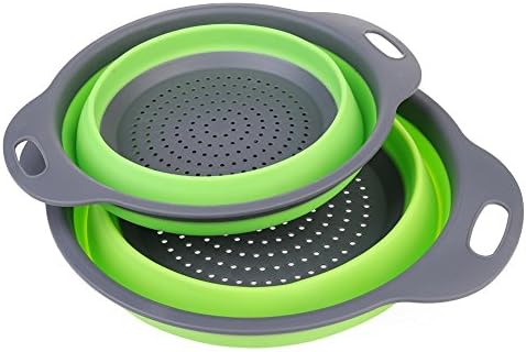 NBODY Collapsible Silicone Colander Folding Kitchen Silicone Strainer Set of 2 ,One 8 inch and One 9.5 inch Green