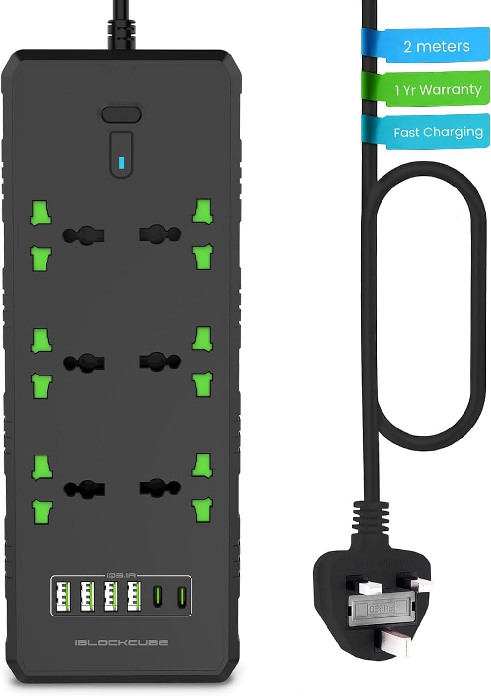 iBlockCube Power Strip 6 Way AC Outlets 6 USB C A Ports 2M Cord Surge
