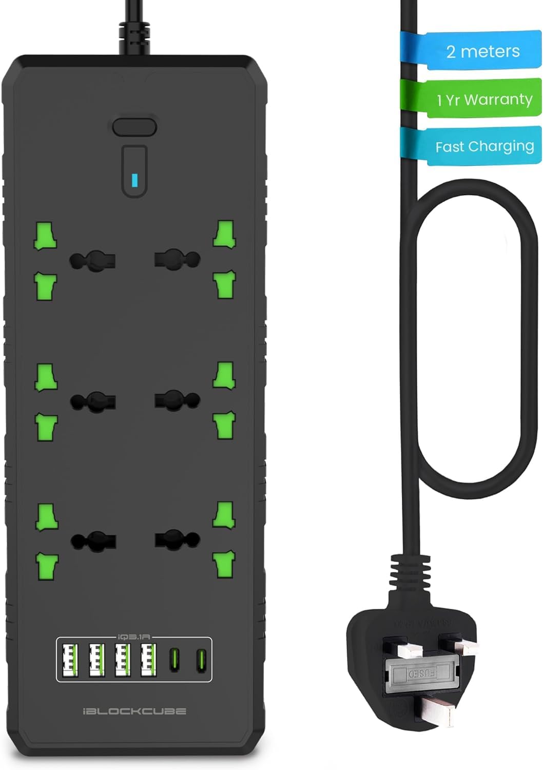 iBlockCube Universal Extension Lead with USB C Ports | Power Strip with Switch, 6 Way Outlets, 6 USB(3.1A, 2 Type C and 4 USB-A Port) | Surge Protection, 2 Meter Long Cord, Charging Hub UK Plug Socket