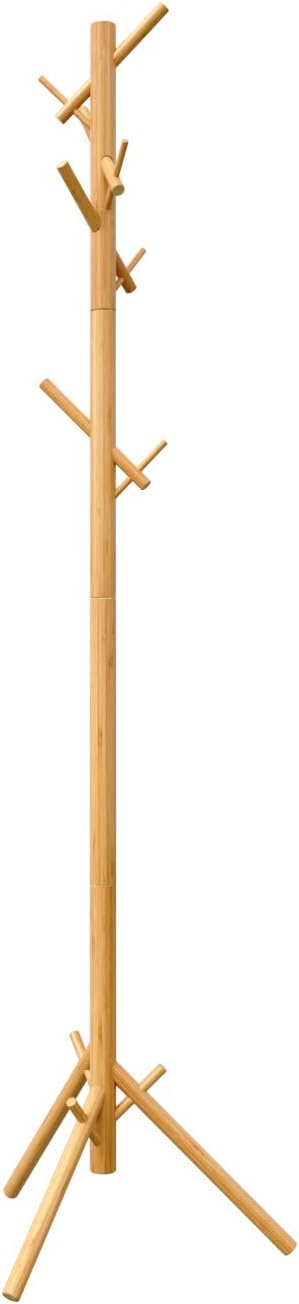 BAMEOS Bamboo Tree Coat Rack Stand- Easy Assembly NO Tools Required - 3 Adjustable Sizes Free Standing Coat Rack, Coat Hanger Stand for Clothes, Suits, Accessories(8 Hooks,Natural Color)