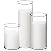 Shihanee Set of 3 Pillar Candles and 3 Glass Cylinder Candle Vases Holders Clear Pillar Jars for Wedding Centerpieces(3'' x 5.9'', 7.9'', 9.8'',White)