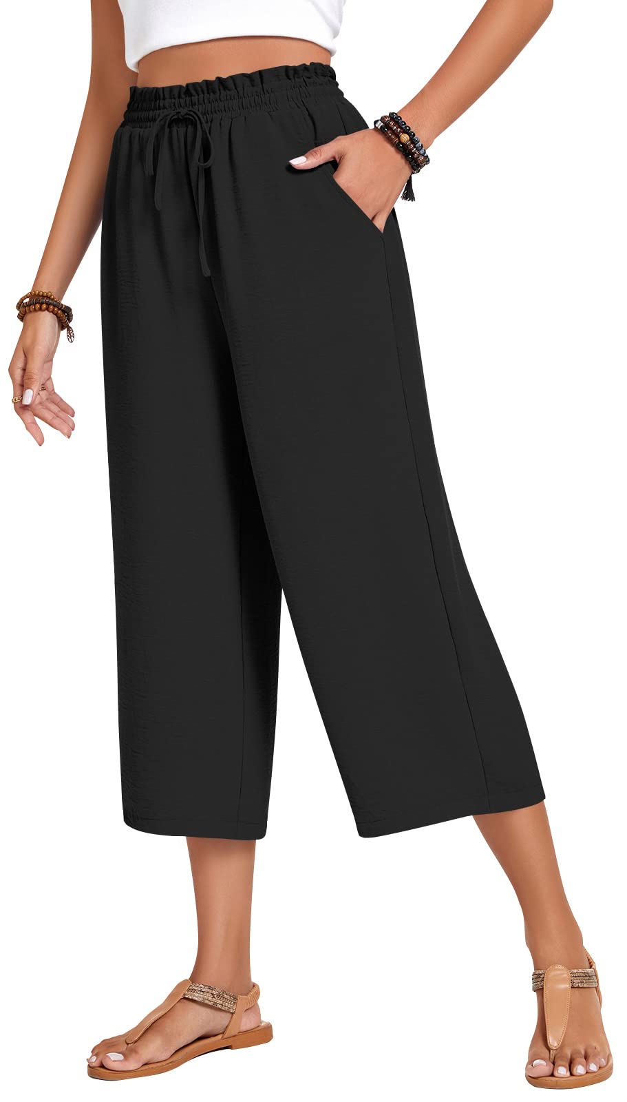 Photo 1 of (bagged) (used/fair) Anyhold Womens Capri Pants Loose High Waisted Wide Leg Lounge Pants Drawstring Casual Palazzo Trousers with Pockets X-Large, Black