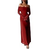 yontuxa Women Off Shoulder Bodycon Maxi Dress Long Sleeve Mesh Ruched Party Formal Wedding Guest Dresses