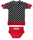 RuffleButts Little Girls Red & Black Polka Dot Ruffled Rash Guard Bikini - Red/Black - 4T
