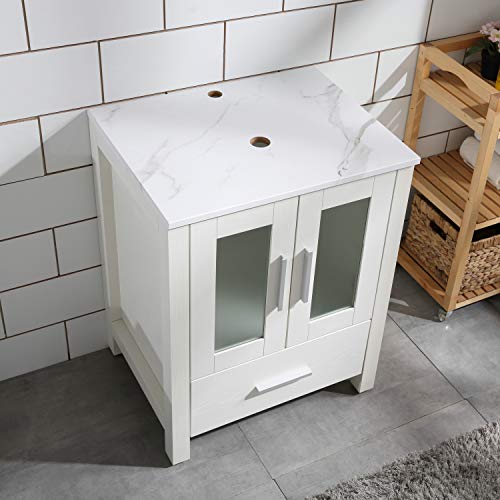 Homecart 24" White Bathroom Vanity Cabinet with Marble Pattern Top Vessel Sink Mirror Faucet and Drain - Thumbnail 3