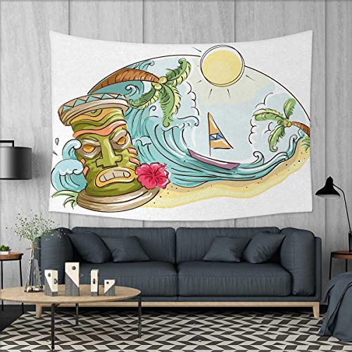 Anniutwo Tiki Bar Home Decorations for Living Room Bedroom Circular Frame with Tropical Accents Cartoon Beach Tiki Statue Illustration Print Wall Tapestry W80 x L60 (inch) Multicolor