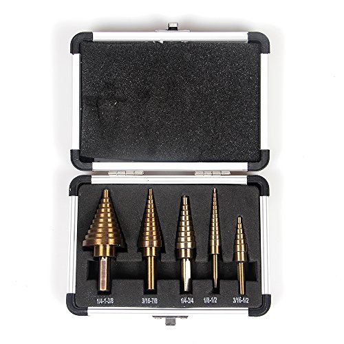 Goetland Titanium Step Drill Bits Set HSS High Speed Steel Cobalt Multiple Steps with Aluminum Case, Set of 5 pcs 50 Steps