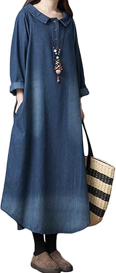 Amazon Co Jp Lisa Pulster マキシワンピース デニム レディース ワンピース 着痩せ 春ワンピース 体型カバー 長袖 ロング ワンピース デニムワンピース ゆったり 森ガール 服 ファッション小物