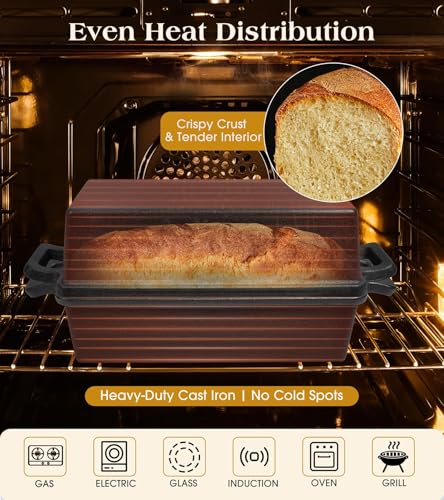 NIUB Cast Iron Loaf Pan with Lid 9x5 Inch, 2 in 1 Loaf Pans for Baking Bread, Even Heat Distribution for Sourdough, Homemade Bread