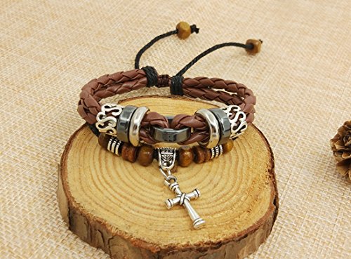 Suyi Multilayer Adjustable Leather Woven Braided Bangle Cross Bracelet Leaf Wrist Cuff Wristband Ccoffee