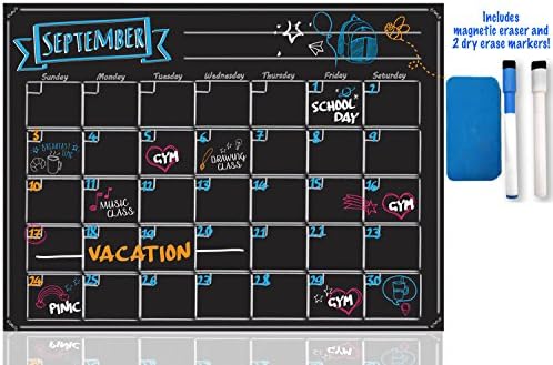 Magnetic Monthly Calendar Set - 12x16cm Black Board Blackboard w/2 Dry Erase Markers and Eraser - Erasable Reusable Organizer Planner Magnet for Fridge Lockers Desk Refrigerator Wall By SublimeWare