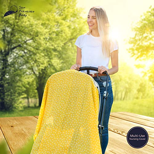 Cotton Muslin Nursing Cover - Large Breastfeeding Cover with Built-in Burp Cloth & Pocket - Soft, Breathable, Chemical-Free, 360° Coverage, Multiuse Nursing Cover by San Francisco Baby - Yellow