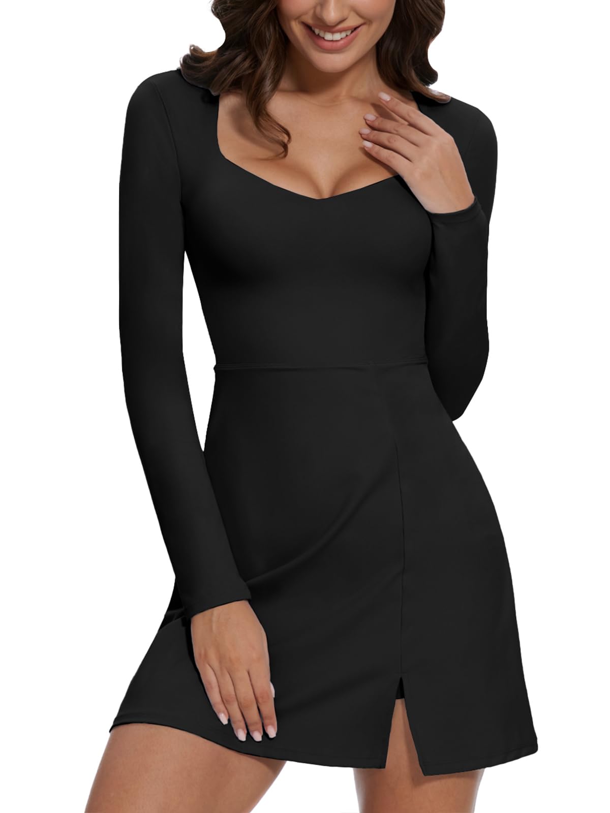 Photo 1 of Wenlia Long Sleeve Dresses for Women 2025 Fall Women's Mini Bodycon Sweetheart Neckline Dress with Slit Built in Shorts Black