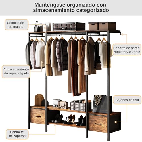 Simple Wisdom Perchero para Ropa, Closet Armables para Ropa, Closet de Madera, Montado en la Pared, Organizador de Ropa con Dos Cajones de Tela, Tamaño: 156 * 32 * 160 CM, Color Retro