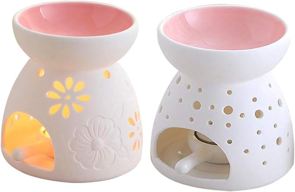 Singeek Ceramic Tea Light Candle Holder/Wax Melt Warmer, Essential Oil Burner Aromatherapy Diffuser for Living Room, Balcony Spa Yoga Meditation (Pink + Pink, 2pcs)