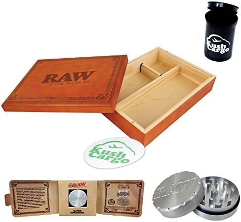 Bundle 4 Items: Raw Wood Box + RAW Grinder Super Shredder + KC Pop Top Jar + KC Sticker
