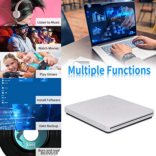 External USB Blu Ray Drive, USB3.0 and Type-c 3D Bluray BD CD DVD Drive Burner Slim Slot-in Optical Player RW for Laptop Desktop MacBook OS Linux Windows XP 7 8 10 PC iMac Laptop
