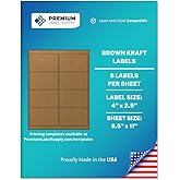 Premium Label Supply Brown Kraft Sticker Labels – 4" x 2.5" – Laser/Inkjet Compatible – (8 per Sheet), 25 Sheets – 200 Total Adhesive Labels