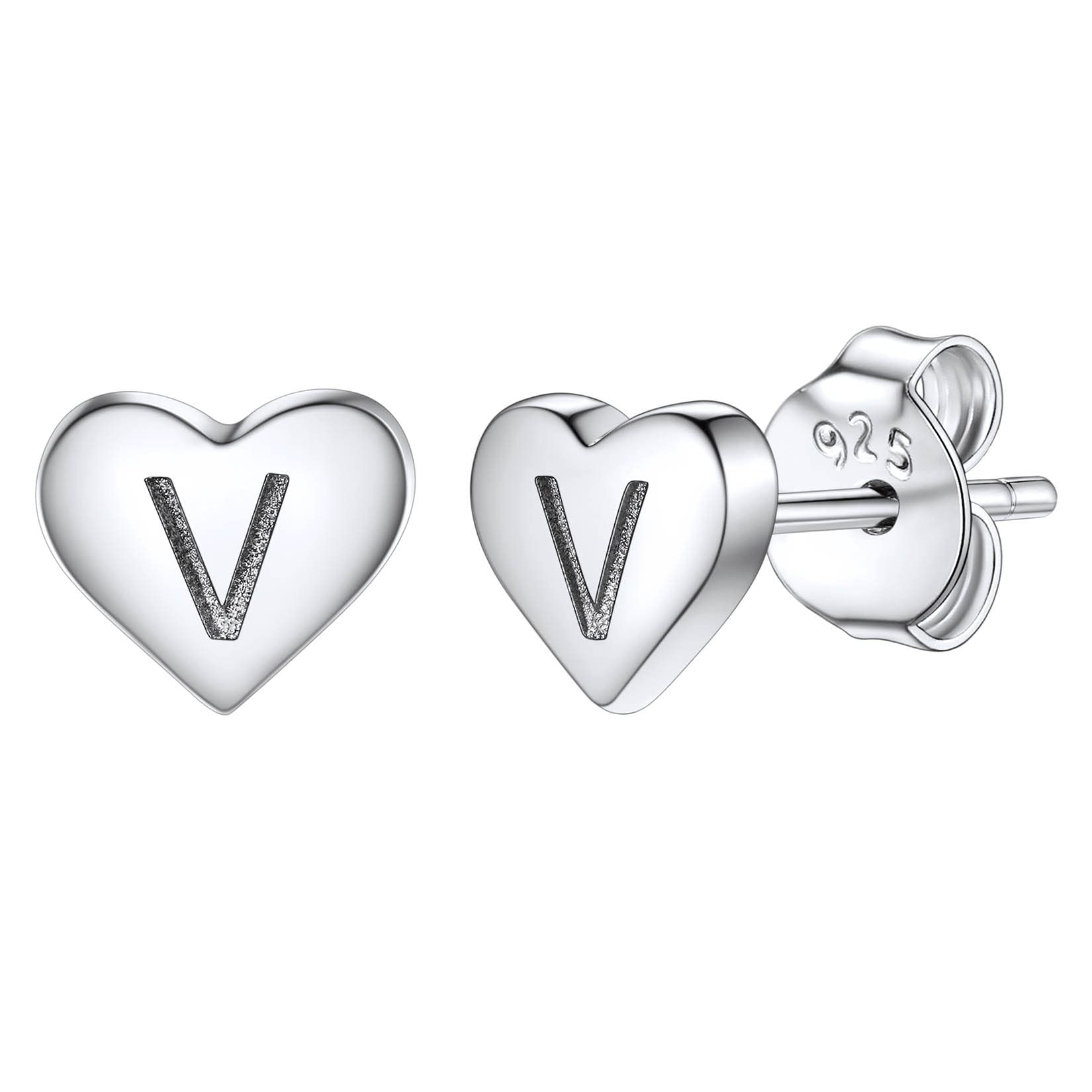 Studs Earrings for Women, S925 Sterling Silver Heart Initial Letter V Small Tiny Earrings for Girls Ladies Mum Daughter Sisters Friends Lover Hypoallergenic Silver Jewellery with Gift Box