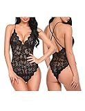 Chomoleza Women Teddy Lingerie One Piece Lace Bodysuit V Neck Halter Babydoll