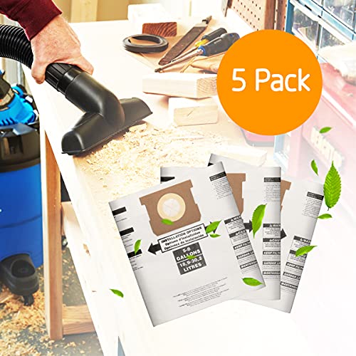 FUNTECK 5 Pack Dust Collection Bags for 5-8 Gallon Shop Vac, Replacing Model Type E, Part#9066100(general purpose)