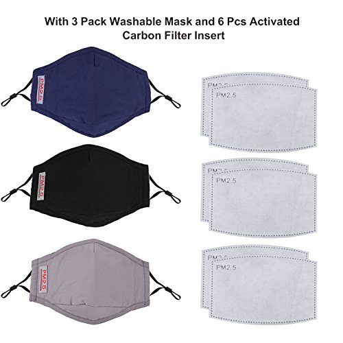Dust Mask,Aniwon 3 Pack Anti Dust Pollution Mask with 6 Pcs Activated Carbon Filter Insert Washable Cotton Mouth Mask with Adjustable Straps