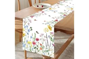 Floral Wildflowers Herb Spring Table Runner, Washable Floral and Butterfly Pattern Table Runner, Seasonal Kitchen Dining Deco