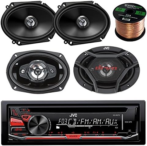 JVC KD-R370 CD/MP3 AM/FM Radio Player Car Receiver Bundle Combo With 2x CS-DR6820 300-Watt 6x8" Inch Vehicle Coaxial Speakers + 2x DR6930 6x9" Inch 3-Way Audio Speakers + Enrock 50 Feet 16-Gauge Wire