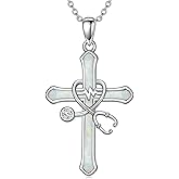 AHTAMOS Stethoscope Cross Necklace 925 Sterling Silver Opal Stethoscope EKG Medicine Pendant Necklace Stethoscope Jewelry for Women Anniversary Birthday Nurse Day Jewelry Gifts for Her