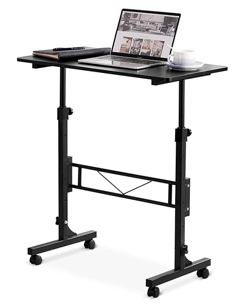 AMZTABLER SMALL STANDING DESK ADJUSTABLE HEIGHT, MOBILE STAND UP DESK WITH WHEELS, 32 INCH PORTABLE ROLLING DESKS CONFERENCE ROOM TABLESF FOR WALKING PAD TREADMILL BLACK