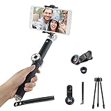 Bluetooth Selfie Stick, Hizek Extendable Monopod with Remote, Tripod Stand+180 Degree Fisheye Lens+0.67X Wide Angle Lens+15X Macro Lens for iPhone 7 6S Plus 6S 6 Plus 6 5S Samsung Galaxy S6 S5