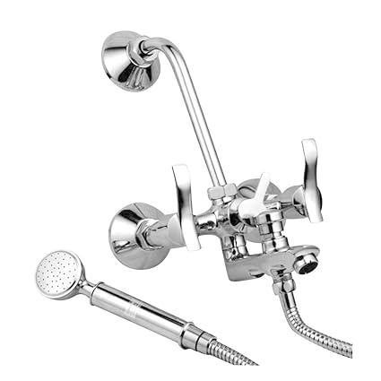 Oleanna Angel 3 in 1 Brass Wall Mixer with 115mm Bend Pipe and Provision for over Head and Hand Shower Chrome (Silver)