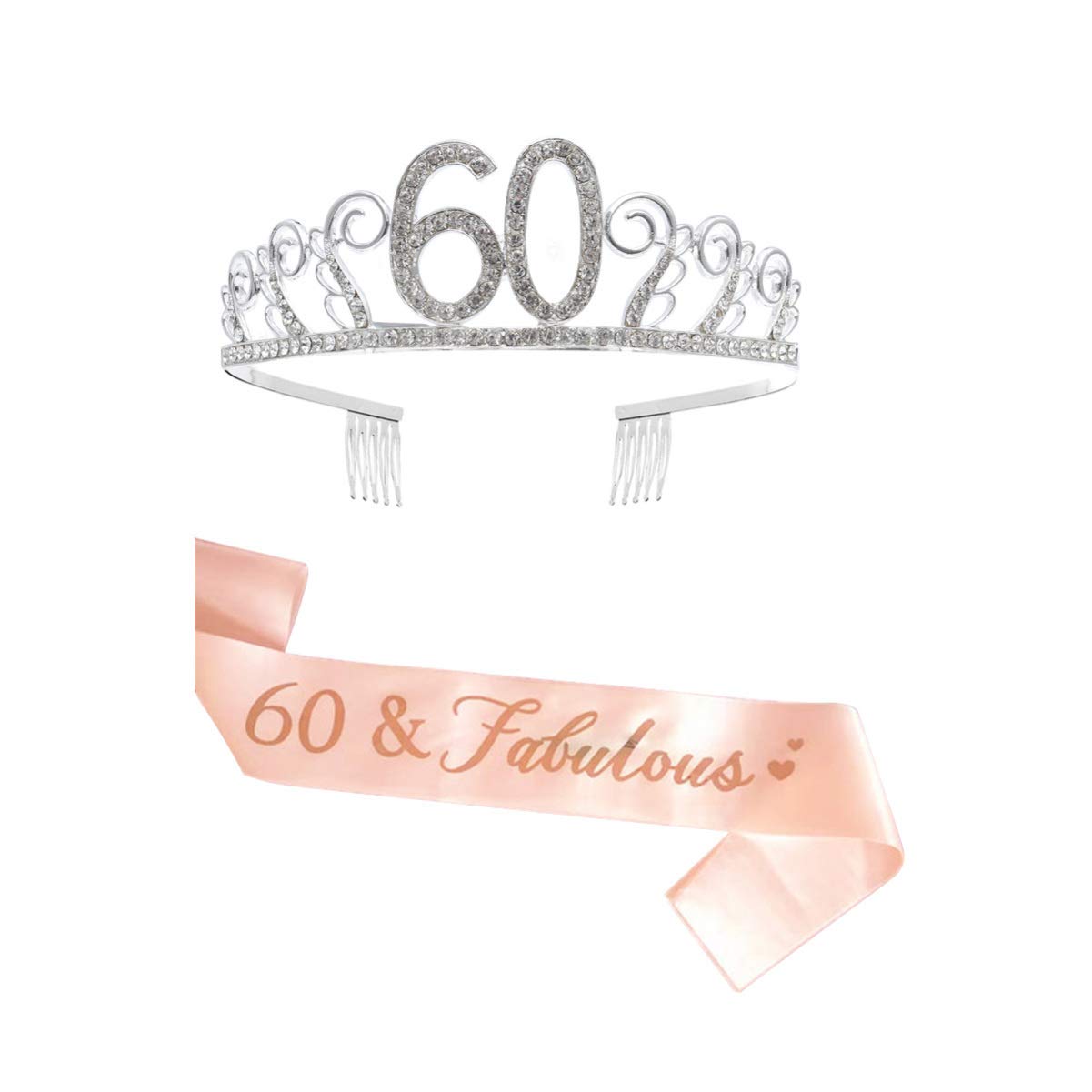 Amosfun Birthday Sash Crystal Tiara Crown Headband Fabulous Number 60 Rhinestone Hair Combs 60th Birthday Party Supplies Accessories