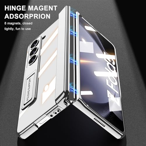 TERRIFI Case for Galaxy Z Fold 5, Magnetic Hinge Coverage Protection, Ultra Thin Transparent Plating Crystal, Built-in 3-Gears Adjustment Kickstand, Front Glass All-Inclusive Case (Clear-Cream White)