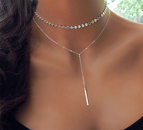 Shoopic Layered Coin Choker Drop Bar Pendant Necklaces Silver for Women