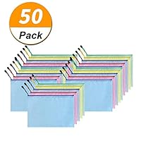 [ 50 Pack ] Zip Document Pouches Zip File Folders with A4 Size Paper, Clear Plastic Mesh Document Bag Storage A4 Zipper File Bags for Office Supplies School Supplies Waterproof - 5 Colors